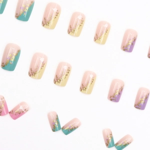 French tip square press-on nails with rainbow pastel colors and gold foil accents