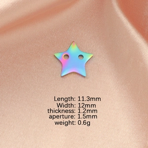 Rainbow star charm with dual holes on pink silk background, 12mm stainless steel pendant