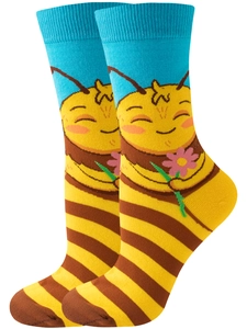 Close-up of knitted crew socks with cute cartoon bee holding a pink flower pattern