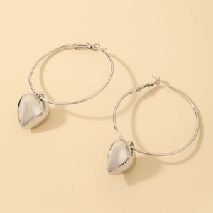 Polished silver heart drop hoop earrings with minimalist large circular dangle design