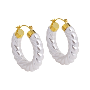 French vintage style pearl white spiral hoop earrings with elegant gold metal buckles