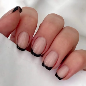 French Press On Nails Short Square Black Tips Nude Pink Base Glossy False Nails Women