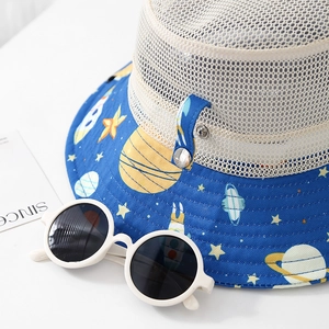 Kids navy space print sun hat with breathable mesh and stylish white sunglasses