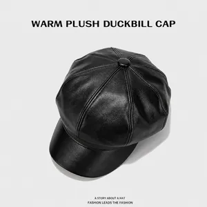 Vintage black PU leather octagonal newsboy cap with lychee texture and multi-panel design
