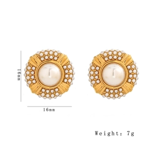 Retro 18K gold plated stainless steel 16mm round earrings featuring elegant pearls