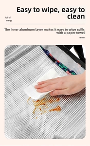 Detail of waterproof aluminum foil lining on insulated bag for easy cleaning and maintenance