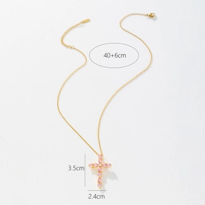 Close-up of pink gemstone cross pendant with 40+6cm gold chain and dimensions