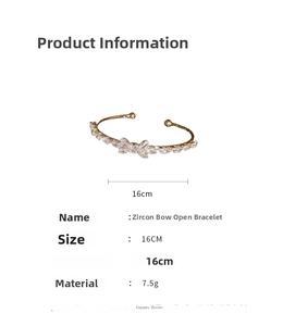 Detailed view of golden zircon bow open bangle with 16cm inner diameter and copper material