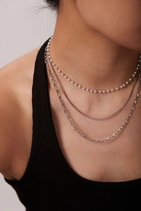 Detailed view of triple-layer necklace set with pearls and chains on a model