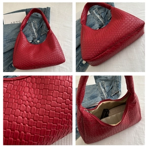 Detailed views of red woven hobo bag including texture, interior, and styling angles