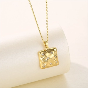 Golden square lava pendant necklace with star zircon stones on a stainless steel chain