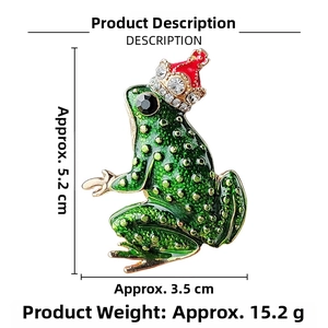 Detailed dimensions of the crystal-embellished green frog brooch with height and width labels
