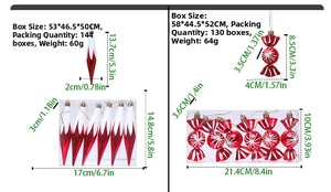 Detail of red and white candy cane ornaments and cone-shaped Christmas tree pendants