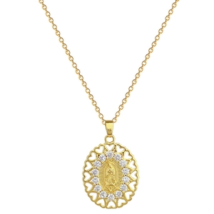 Luxurious gold oval portrait pendant necklace with sparkling crystals and heart cutout edge