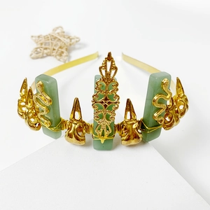 Green Aventurine Crystal Crown Headband Golden Metal Snake Crow Skull Gothic Witchy Tiara Hair Accessories For Women
