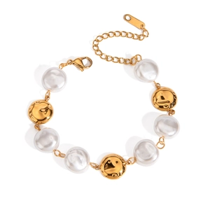 Vintage gold textured beads and white baroque pearl bracelet with lobster clasp