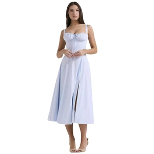 Light blue floral corset midi dress with spaghetti straps and high side slit detail