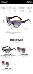 Detailed chart of candy-embellished cat-eye sunglasses with UV400 protection dimensions