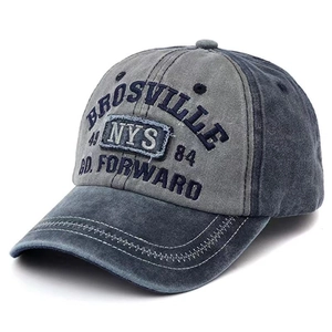 Vintage washed denim baseball cap with Brosville NYS embroidery in dark grey and blue