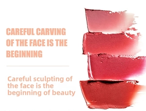 Four creamy lipstick shades showing swatches in rose, red, and brick red tones
