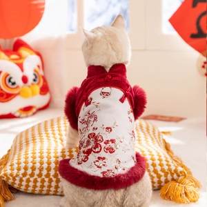 Gilet tradizionale cinese per animali con ricami floreali e bordo in ecopelliccia