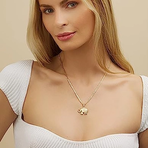 Detailansicht einer goldenen Elefanten-Halskette an einem Modell mit edler feiner Kette