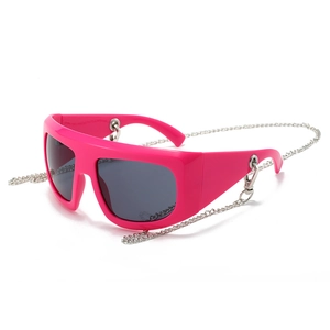 Bright pink oversized Y2K shield sunglasses with detachable silver metal chain for women