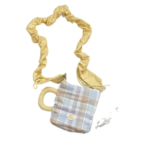 Cute blue plaid insulated water bottle bag with handle and yellow pleated shoulder strap