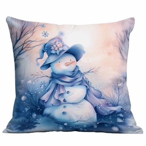 Blue Christmas snowman pillow cover featuring artistic winter forest and snowflake patterns