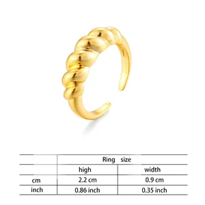 Detailed size chart for the twisted croissant ring showing dimensions in cm and inches