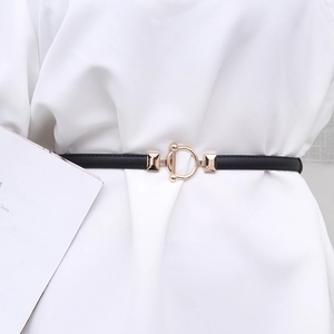 Minimalist black thin leather waist belt with elegant gold round buckle for dresses