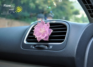 Detail of pink lotus car vent clip with rhinestones and translucent resin petals
