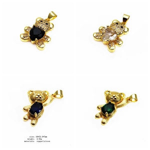 Macro display of zircon teddy bear pendants in black, clear, blue, and green copper finishes