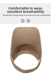 Detail of light brown knitted sun visor showing breathable elastic fabric texture