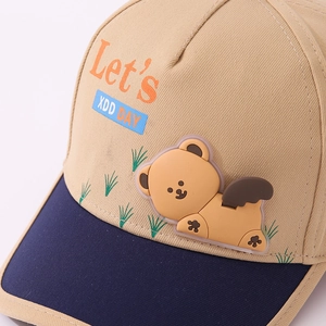 Kids baseball cap with bear patch and Let's XDD DAY print in khaki and navy blue