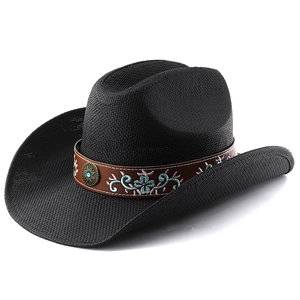 Classic black woven cowboy hat featuring an embroidered leather band and turquoise buckle