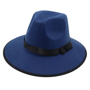 Chapeau Fedora classique en laine bleu marine à large bord avec ruban noir élégant