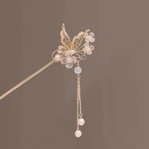 Elegant gold butterfly hair stick with flower tassels and pearls for traditional updos