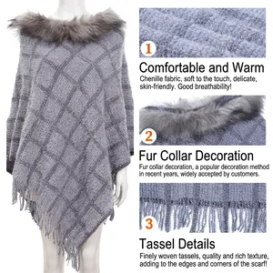 Grey plaid chenille poncho with faux fur collar and tassel trim for winter warmth