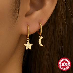 Asymmetric S925 sterling silver star and moon drop earrings with gold plating for women