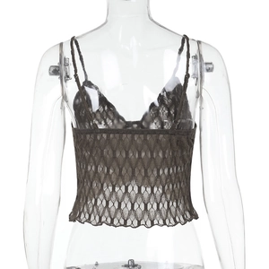 Detailed back view of dark lace camisole with floral mesh and slim shoulder straps