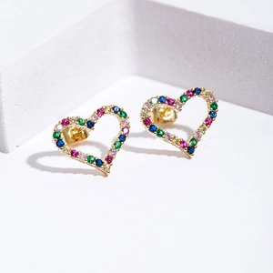 Golden heart stud earrings with colorful cubic zirconia and micro-pave setting