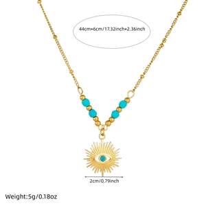 Gold stainless steel necklace with blue turquoise beads and sun eye pendant design