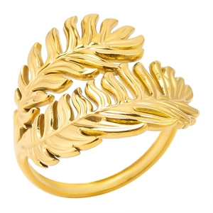 Minimalist adjustable gold leaf stainless steel ring with detailed leaf vein texture