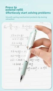 Detail of mint green retractable gel pen being clicked over a notebook with math formulas
