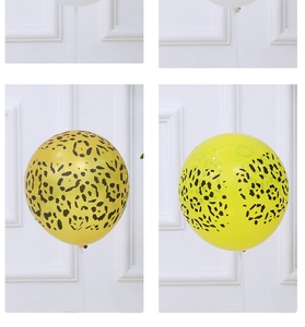 Detail of 12-inch jungle animal print latex balloons featuring white and yellow leopard patterns