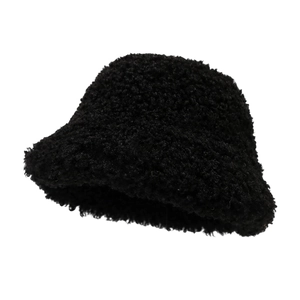 Minimalist black sherpa bucket hat for women with fluffy texture for winter warmth