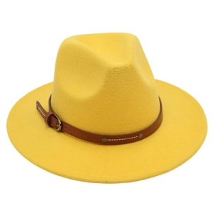Detailed close-up of yellow felt fedora hat featuring a brown leather belt with metal buckle