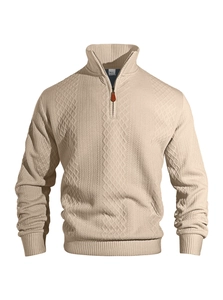 Detail of men's quarter-zip knitted sweater showing rich texture and premium cotton fabric