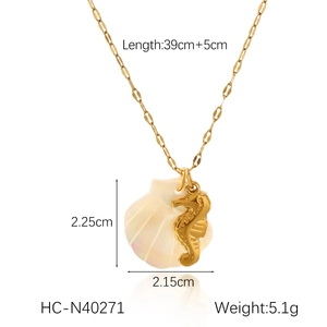 Detailed view showing dimensions of 18K gold stainless steel seahorse shell pendant necklace